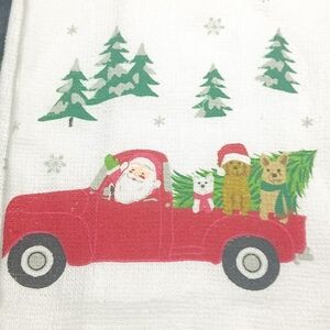 NWT "Santa Stop Here" Red Farm Truck Dogs Christmas Holiday Kitchen Hand Towel